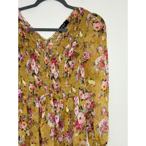OPT Anthropologie Wick Dress Yellow Smocked Chiffon Floral Sheen Romantic, M - Picture 9 of 12